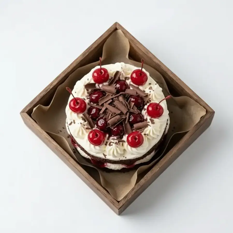 Black Forest Bento (top view) – eggless cake from Mohit Bakery