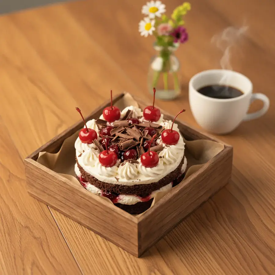 Black Forest Bento (served view) – eggless cake from Mohit Bakery