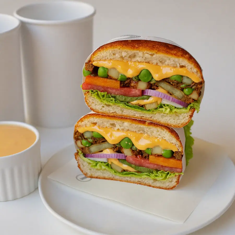 Cheese & Veg Club Burger (inside view) – pure veg from Mohit Bakery