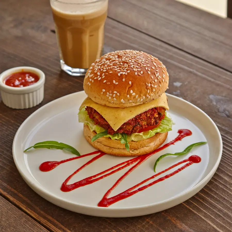 Cheese Crispy & Spicy Paneer Burger (served view) – pure veg from Mohit Bakery