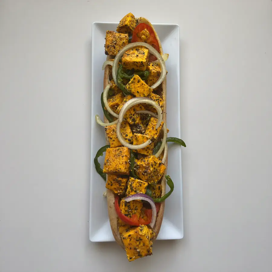 Chilly Paneer Delight Sub (top view) – pure veg from Mohit Bakery