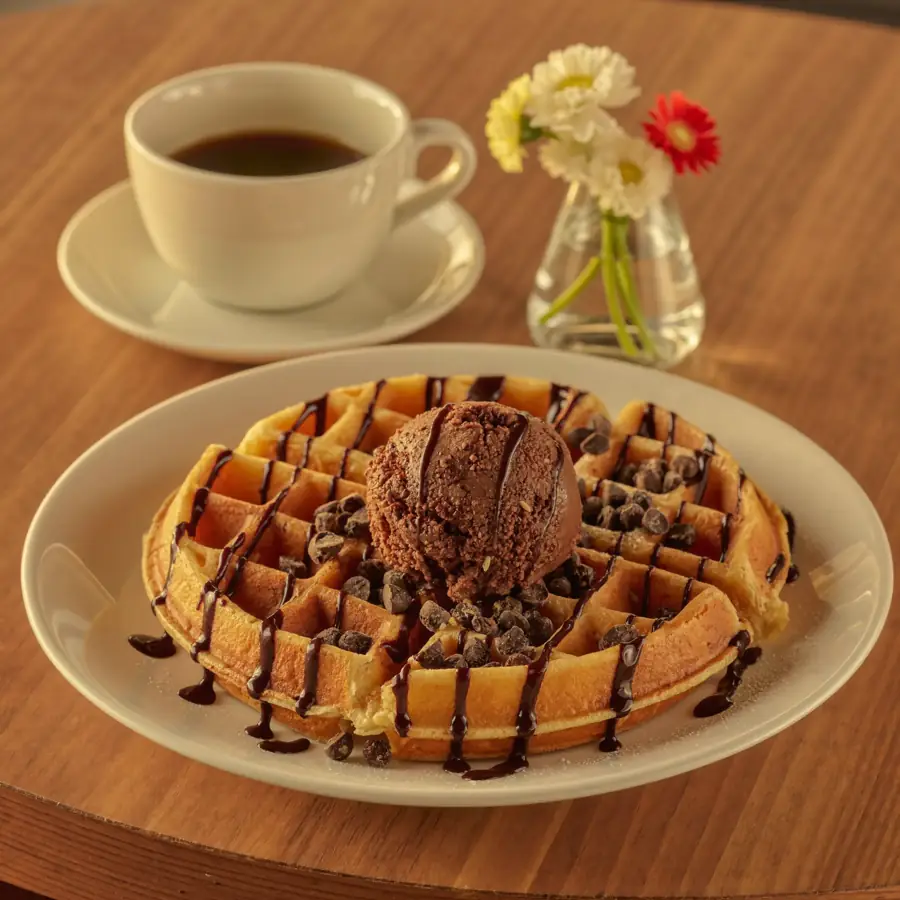 Choco Chocochips Waffle (served view) – eggless waffle from Mohit Bakery
