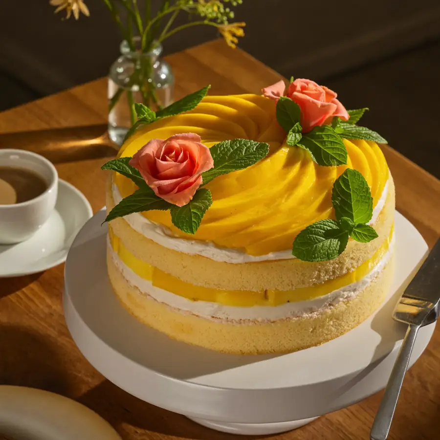 Mango Cake (served view) – eggless cake from Mohit Bakery