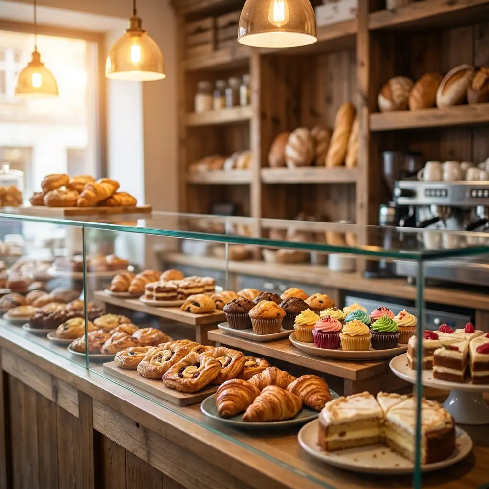 Pastry counter with fresh eggless pastries at Mohit Bakery, Mahavir Enclave