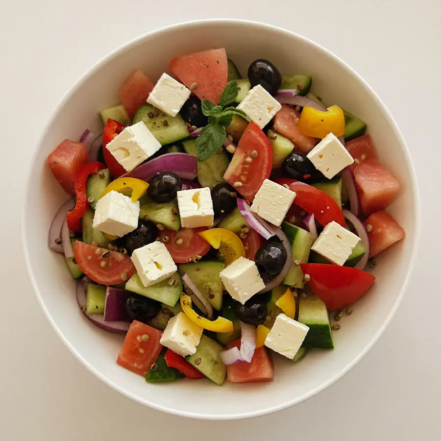 Traditional Greek Salad (top view) – pure veg from Mohit Bakery