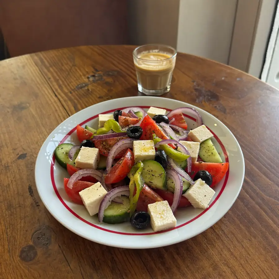 Traditional Greek Salad (served view) – pure veg from Mohit Bakery