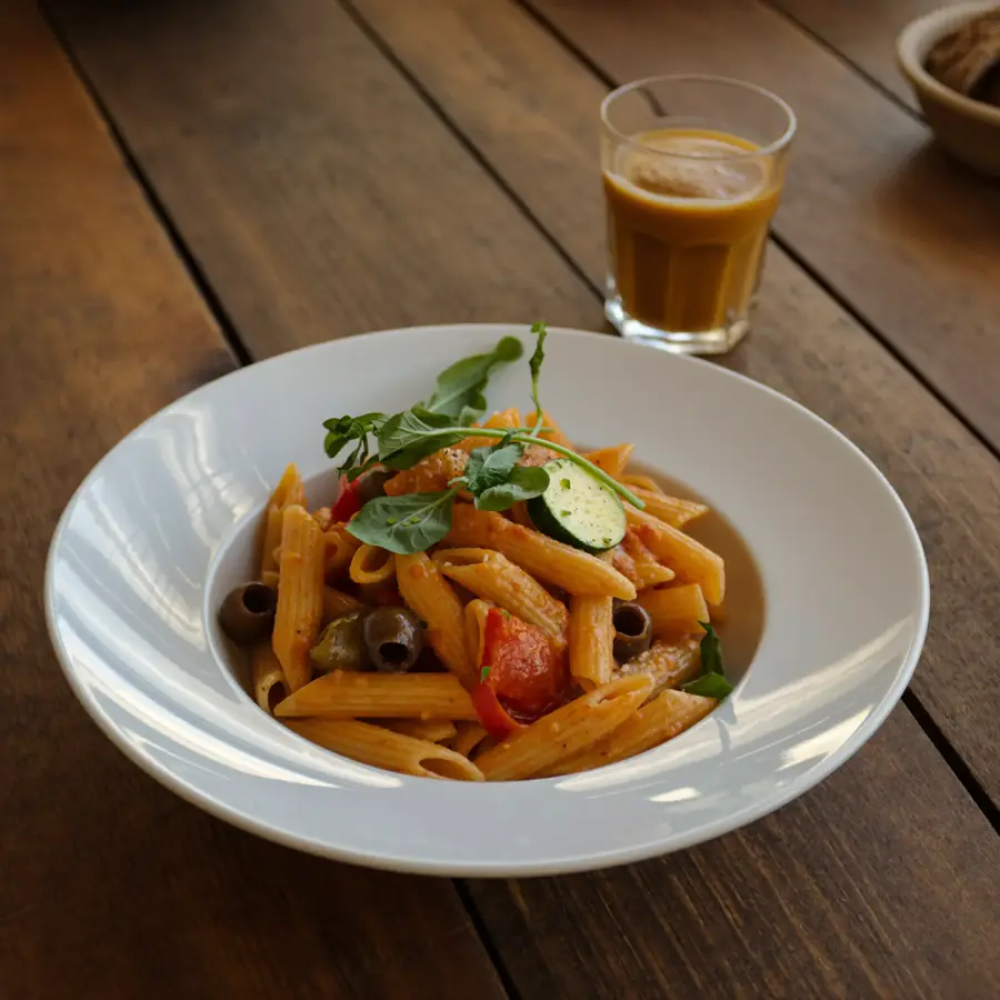 Veg Marinara Penne Pasta (served view) – pure veg from Mohit Bakery