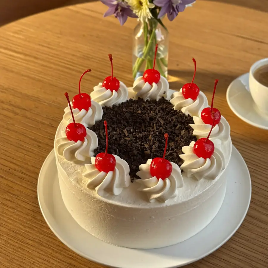 White Forest Cake (served view) – eggless cake from Mohit Bakery