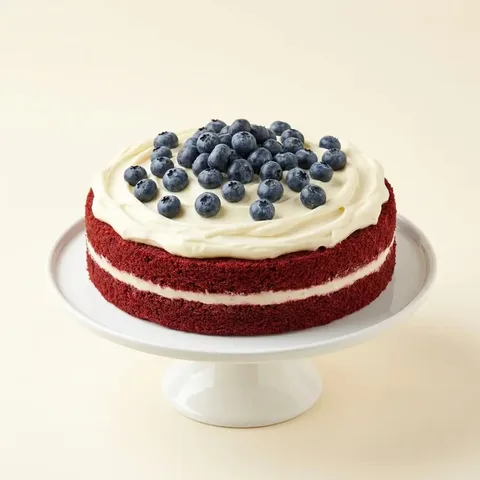 Blueberry red velvet cake rotating on a stand