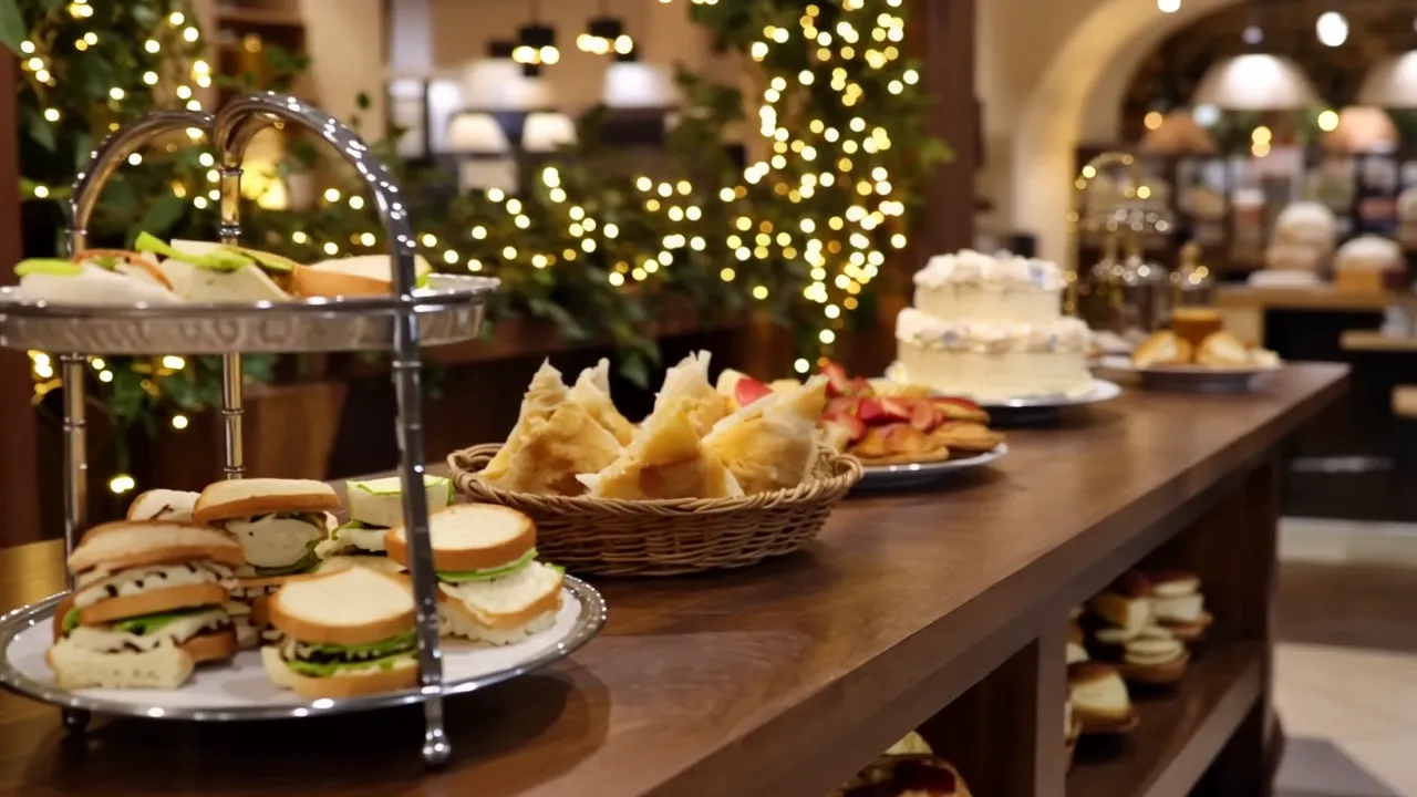 Party buffet of sandwiches, pastries and a celebration cake from Mohit Bakery