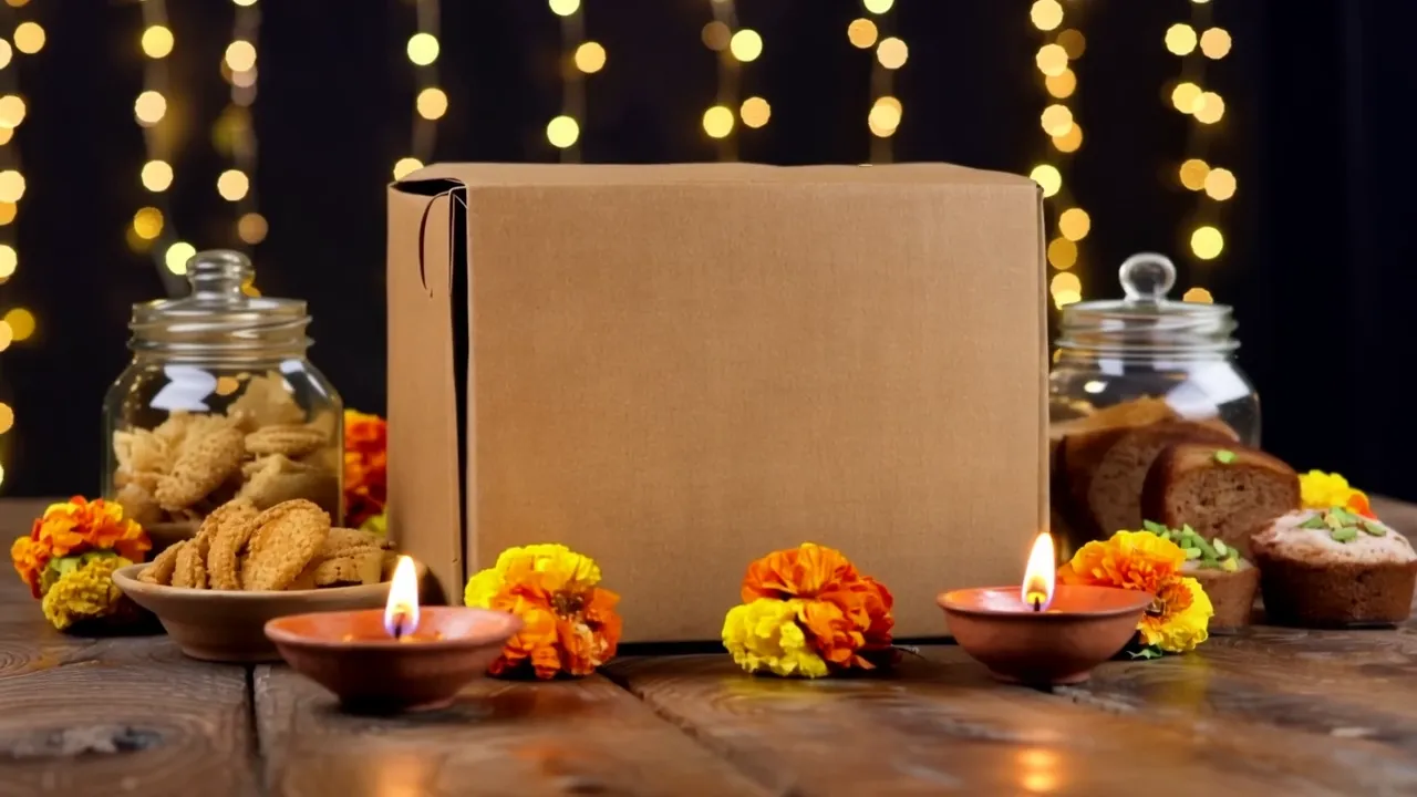Diwali gift hamper with eggless cookies, dry cake and diyas