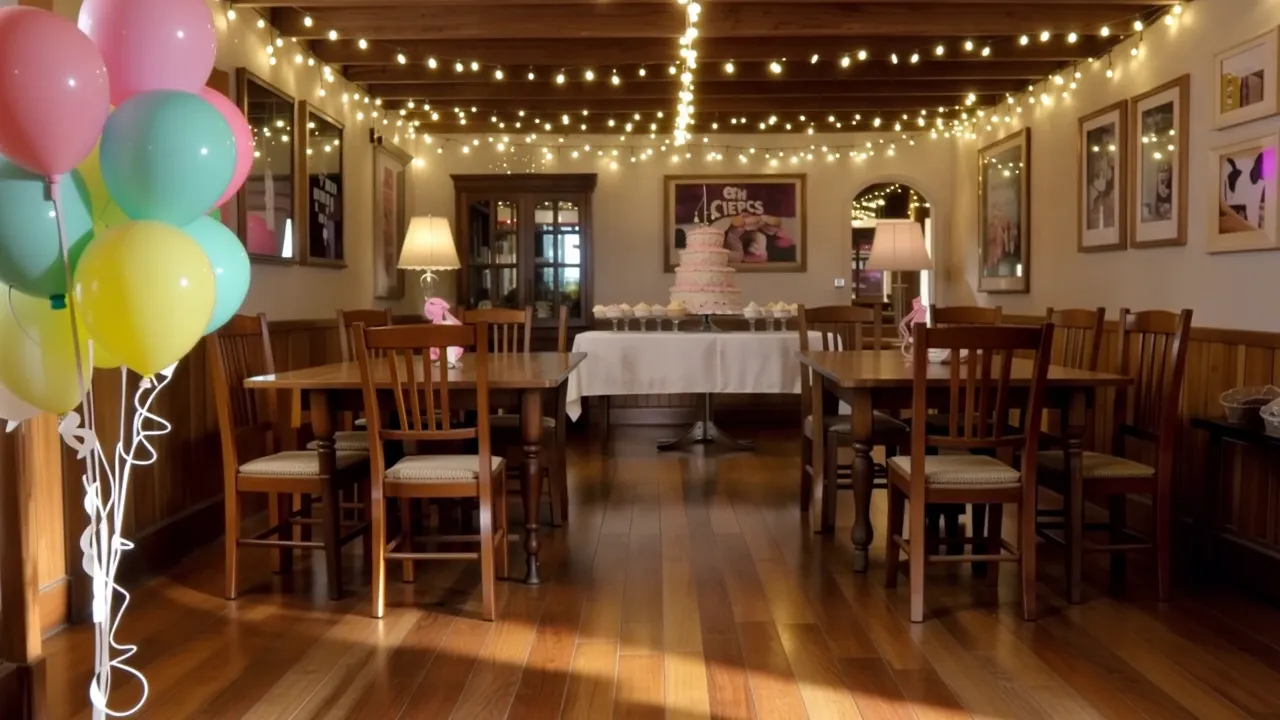 Birthday party set-up with balloons and fairy lights